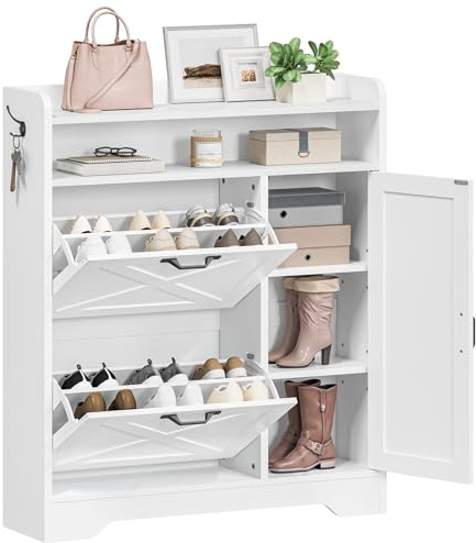 HOOBRO Schuhschrank, freistehend, Schuhregal mit 2 Schubladen und offenem Fach, Schuhkipper, schmal, verstellbare Ablage, mit Haken, ideal für Flur, Eingangsbereich, Garderobe, Weiß EWT90SC01G1