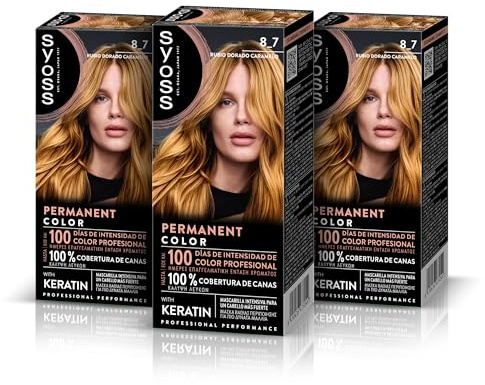 SYOSS Permanent Color 8-7 Rubio Dorado Caramelo, tinte de pelo y mascarilla con keratina, para una cobertura profesional de canas, color duradero y cuidado intensivo, Pack 3