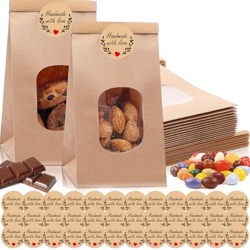 GmwyCzV 25 Pièces Sac Papier Kraft, 17x9x6CM Sacs en Papier avec Fenêtre, Marron Sachets D'Emballage Kraft avec Autocollants, Sachet Krafts Alimentaire pour Emballer Cadeaux Banquet, Biscuits, Bonbons