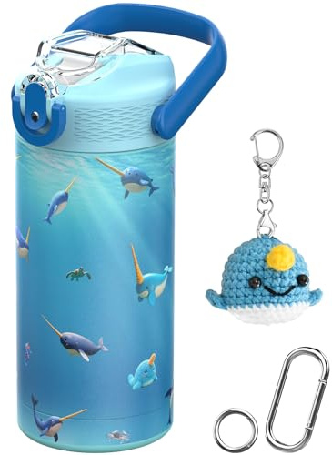 MYFOREST 400ml/14oz Insulated Kids Water Bottle, Odor-Free Surgical Grade Liner, Dishwasher-Safe, Name Spot, Soft Sipper (Ocean Narwhals)