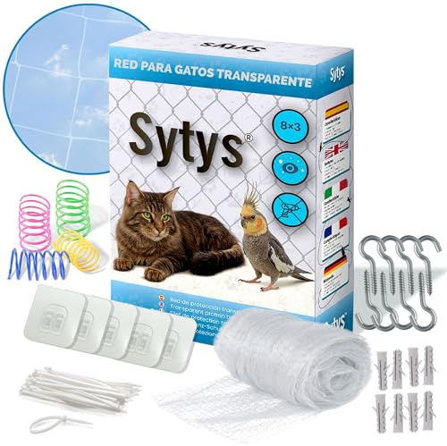 SYTYS Rete per Gatti Balcone Senza Fori + 4 Giocattoli in Regalo | (8x3m) | Trasparente | Rete Gatti Finestre | Rete Gatti Terrazzo | Rete Gatti Balcone | Kit Installazione Completo Incluso