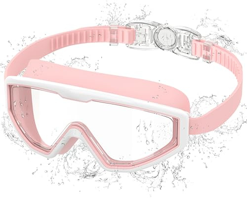 Ambienden Gafas de Natación Niño Antivaho UV, Visión 180° - Ajuste 1-Clic & Sello de Silicona - Unisex Gafas de Natación de 3-12 Años, Pink-White
