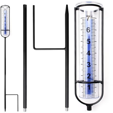Rain Gauge for Outdoor, Freeze Proof Water Gauge for Rain Measure, Adjustable Height Plastic Rain Gauges with Stake Removable Accurate Raining Measuring Tool for Yard Garden Lawn, Easy to Read