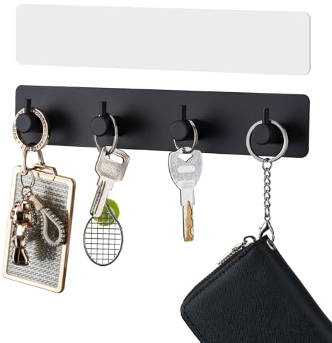 Nyckelhållare vägg svart metall med 4 krokar, modern nyckelbräda liten av metall, innehåller 2 självhäftande band, nyckelhängare & nyckelhållare vägg för hall ingång ytterdörr kök kontor