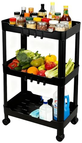 Ribelli Rollwagen 3 Ebenen, Küchenwagen schmal, Küchenregal auf Rollen, Nischenregal mit 8 Haken, Servierwagen Kunststoff für Bad, Küche, Büro, Schwarz
