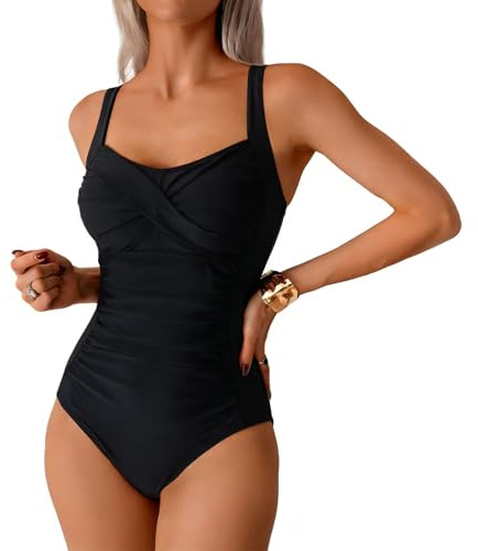 ADUDVLO Womens Swimming Costumes Tummy Control Bathing Suit One Piece Retro Ruched Swimwear with Detachable Breast Pads for Beach Vacation Pool Party (UK, Alpha, L, Regular, Regular, Pure Black)