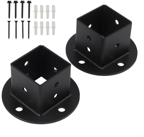 Lot de 2 bases d'ancrage carrées de 5,1 x 5,1 cm, support de bride de sol en métal noir robuste avec vis pour montage mural en béton, terrasse, poteau de clôture