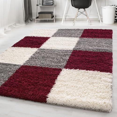 Carpetsale24 Hochflor Teppich Shaggy kariert 120x170 cm Rot, weich & flauschig, modernes Karo Muster, rechteckig, perfekt für Wohnzimmer oder Schlafzimmer, stilvoll & bequem