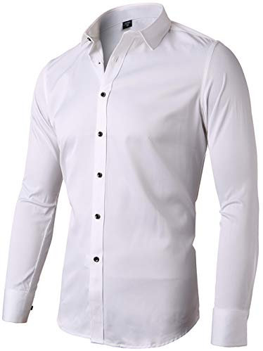 INFlATION Herren Hemd aus Bambusfaser umweltfreudlich Elastisch Slim Fit für Freizeit Business Hochzeit Reine Farbe Hemd Langarm,DE M (Etikette 41),Weiß