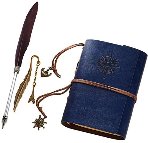 Refillable PU Leather Journal Notebook with Special Feather Ballpoint Pen and Bookmark, Unlined Paper Travel Diary Jotter, Handmade Leather Notepad, Vintage Art Sketchbook, Punk Cover (Blue)