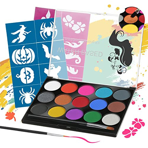 Janolia Gesichtsfarbe, Karnevalsschminke Kinderschminke Set mit 15 Farben, Professionelle Palette mit Bürste, Waschbar