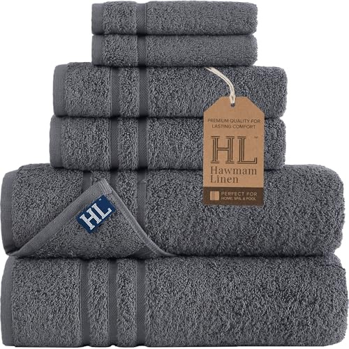 Hammam Linen Lot de 6 Serviettes de Bain Gris Original en Coton Turc Doux, absorbants et de qualité supérieure, Accessoires de Salle de Bain, 2 Serviettes de Bain, 2 essuie-Mains, 2 débarbouillettes