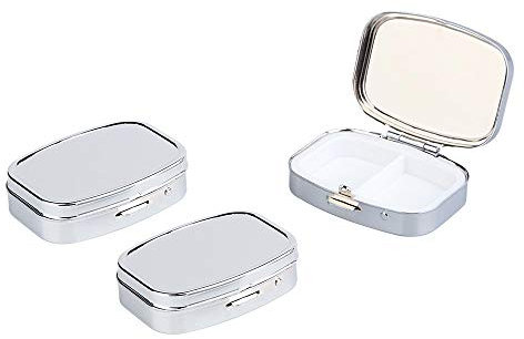 2 tragbare Pillendose aus Metall, Medikamentendosierer, Schmuckaufbewahrung, 2 Fächer, Pillenbehälter klein (Silber)