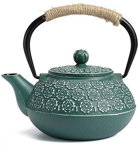 SUSTEAS Cast Iron Teapot, 900ml Tetsubin Japanese Tea Kettle With Infuser For Loose Leaf And Tea Bags, Tea Pot Coated With Enameled Interior, Dark Green
