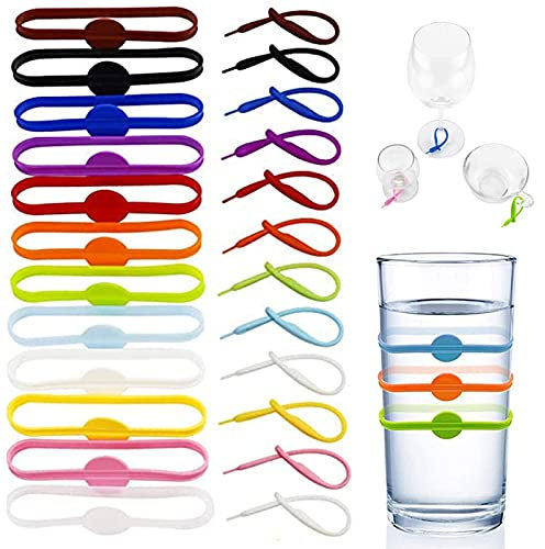 Lostwry 24pcs Silikon Glasmarkierer, Glasmarker Glas Markierung Weinglas Marker Wiederverwendbare Glas Identifikations Getränke Markierungen Weinglasmarkierer für Bar Party Dekorationen