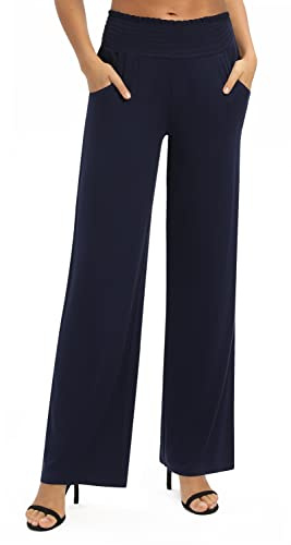 Mujeres Casual Sólido Suelto Anchas Pierna Palazzo Pantalones Elástico Cintura Yoga Pantalones con Bolsillos(XL, Azul Marino)
