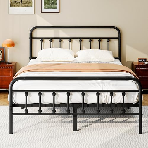 zunatu Full Size Metal Platform Bed Frame/Victorian Style Headboard and Footboard/Steel Slat Support/Easy Assembly/No Box Spring Needed/Underbed Storage/Noise Free/Black