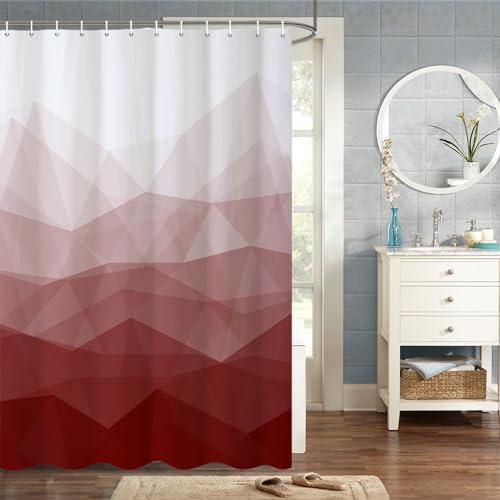 MIRRORANG 183x198cm Roter Stoff Duschvorhang Rotes Ombre Geometrischer Berg Duschvorhang für Badezimmer Wasserdichtes Polyestergewebe Set mit Haken