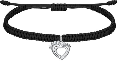J.Endéar Geschenk für Werdende Mama, Schwangere Mutter Armband Silber 925 KordelHandgefertigt Baby-Fußabdrücke Schmuck für Erstmal-Mama Neue Mama, Schwarz