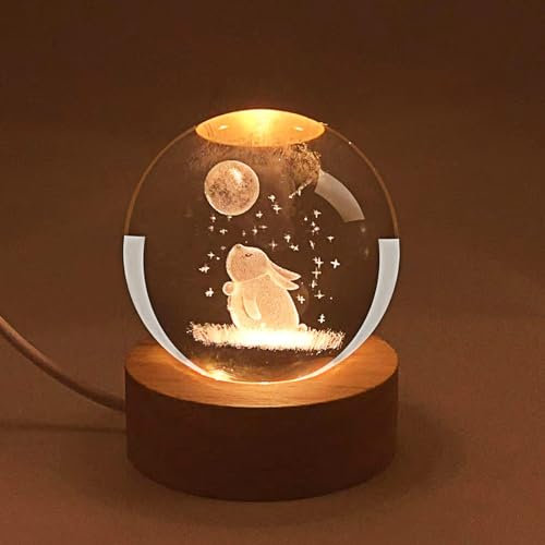 Sfera di Cristallo a Forma di Coniglio 3D, 6 cm, 3 Colori, Luce Notturna Animale Con Base in Legno a LED, Decorazione Incisa, Regalo