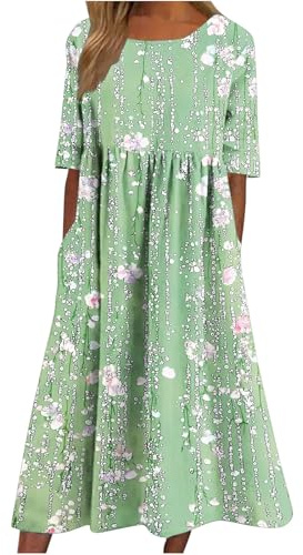 Women's Short Sleeve Maxi Summer Dresses Round Neck Pullover Dress Elegant Floral Printed Long Dress with Pocket Loose Flowy Hem Boho Dress Beach Daily Wear