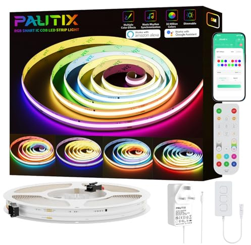PAUTIX WiFi RGB Smart IC COB LED Strip 5M,DC24V Colour-Changing Pixel Addressable LED Tape Lights,Multicoloured Flexible Lights with Mains and Controller Work for Alexa for Home DIY Lighting Projects