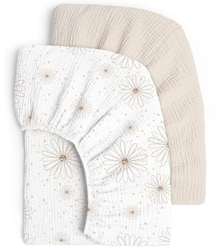 lulumoon 2-pack muslin baby resårlakan 60 x 120 cm/70 x 140 cm för babysäng och resesäng – mjuk Oeko-Tex bomull – andas – lämplig för Roba babysängar (tusensköna vit, 60 x 120 cm)