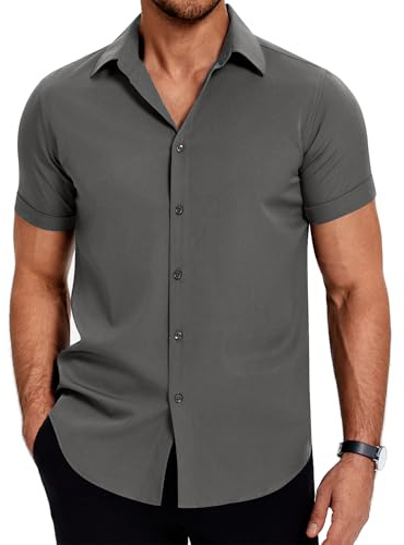 COOFANDY Chemise pour Homme à Manches Courtes, Chemise DéContractéE sans Repassage Chemise D'éTé Chemise d'affaires Chemise Plage BoutonnéE Basique Extensible Gris foncé XXL