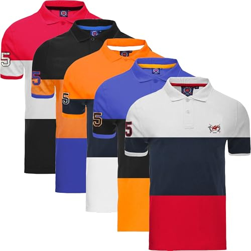 WJL WHISPERING JONES LONDON Mens 5-Pack Polo Shirts Striped Casual Short-Sleeved Collared T-Shirts, Multi-Pack Ideal for Work or Weekend Outfits, 5 Pack Block Stripe, XL