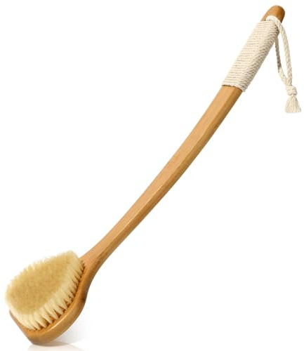eaxun Bamboo Back Scrubber with Curved Long Handle, 17.3 Inches Exfoliating Shower Brush with Stiff Bristles for Men and Women, Back Washer Body Exfoliator for Bath or Dry Brushing