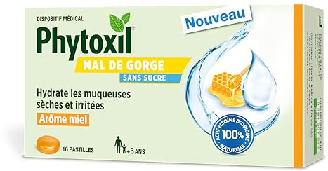 Phytoxil Pastilles mal de gorge sans sucre – Arôme Miel – Dispositif médical - Hydrate les muqueuses sèches et irritées et favorise leur régénération – Format 16 pastilles - A partir de 6 ans