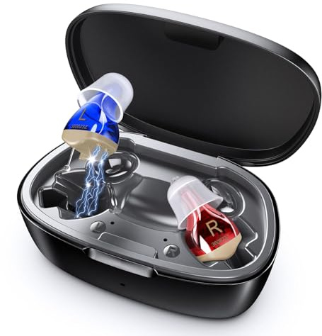 Hearing Aids for Seniors, Invisible Hearing Amplifiers with Noise Cancelling, Rechargeable Hearing Aids for Severe Hearing Loss Adults, Comfort In-ear Hearing Devices (Blue&Red)