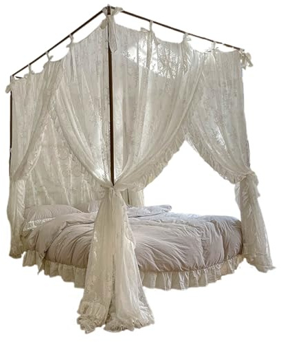 Muzrunq Rideaux de lit à baldaquin, Ciel de lit Princesse en Dentelle à Trois Ouvertures, Rideaux Suspendus 4 poteaux d'angle avec Attaches, adaptés 4, 92 Pieds