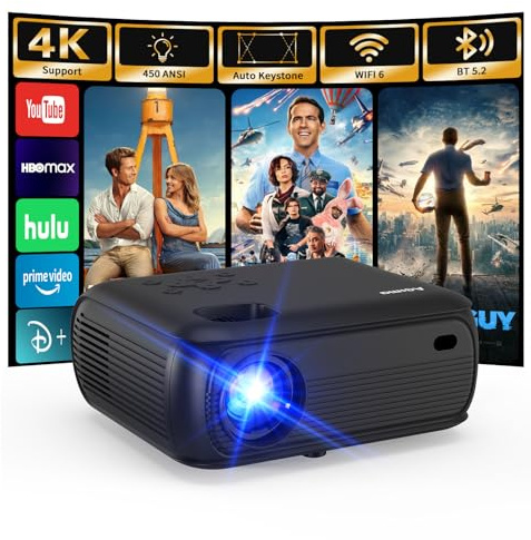 Mini Beamer FHD 4K,Lower Noise 450ANSI Tageslichttauglicher Smart Beamer|Auto-Keystone,HiFi-Lautsprecher, Android 11.0,WiFi 6 BT5.2,Großbild Heimkino Projektor für Bedroom Outdoor Garten,schwarz