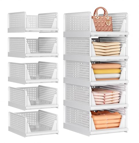 SNSLXH 5 Pezzi Organizer Armadio Contenitori, Impilabili e SalvaspazioScatole per Armadio, Organizer Cassetti per Abbigliamento, Facili da Montare, Resistenti per Casa e Ufficio (Bianco)