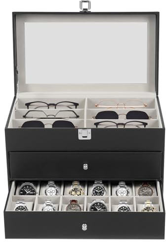 Scatola per orologi e occhiali, scatola con 24 scomparti, portagioie con cassetto, espositore in vetro elegante, protezione in velluto nero, accessorio da collezione per uomo e donna, ideale per