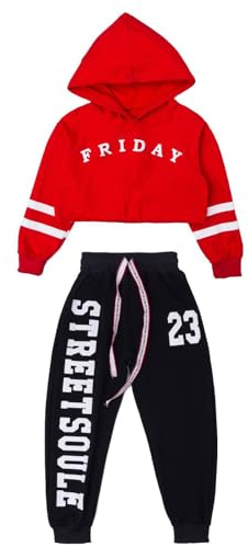 LOLANTA Tuta Bambina Hip Hop, Felpa con Cappuccio e Pantaloni da Jogging, Completo per Danza e Tempo Libero(Rosso, 10-11 anni, 150)
