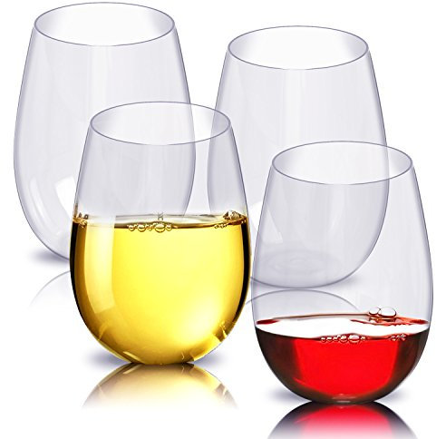 Gshy Copas de Vino de plástico Juego de 4 Tritan irrompible sin pies Transparente Transparente Copas de Vino Reutilizables para Vacaciones Bodas 450ml