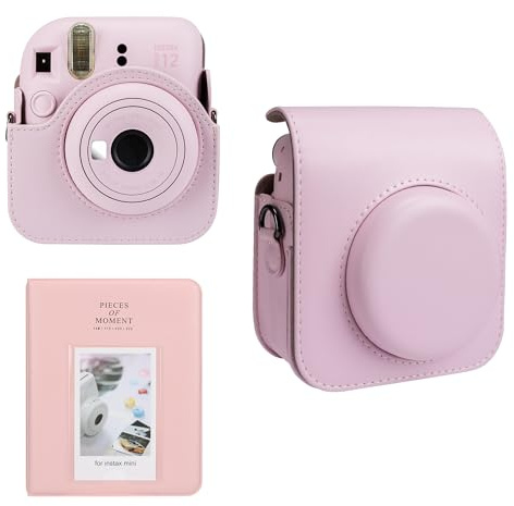 Meetikar Étui pour Appareil Photo Instantané Fujifilm Instax Mini 12 - Album 64 Poches, Cuir Synthétique, Bandoulière Réglable, Rose