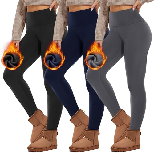 HIPOWER Lot de 3 leggings thermiques pour femmes avec poches, doublés, taille haute, en molleton, thermiques, opaques, noires, pour le sport, la course, la yoga, sous-vêtements thermiques, pantalons