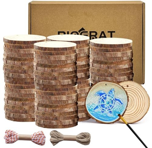 Rondin de Bois Deco 5-6 cm avec Trou, 80 pcs Tranche de Bois Naturel pré-percé,épaisseur 0,5 cm