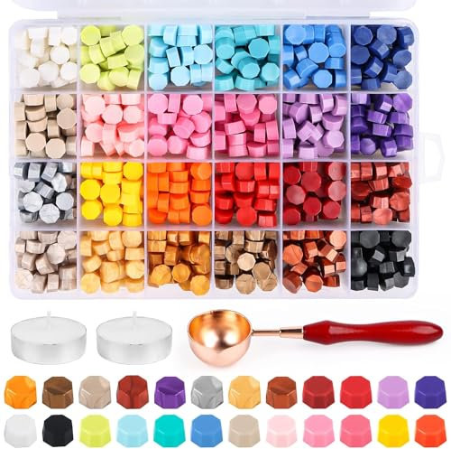 Siegelwachs Set, 24 Farben Siegelwachs Achteckig, 600 Stück Siegellack Perlen mit 2 Wachs Kerzen und 1 Schmelzlöffel, Siegelwachs Perlen für Wachssiegel Stempel Umschlag Brief Papier Karte Postkarte