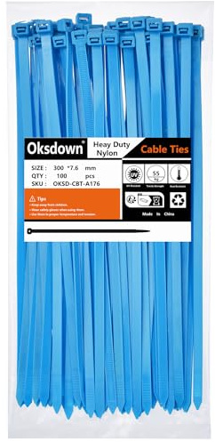 Oksdown 100 Pack Thick Blue Plastic Cable Ties 300mm×7.6mm Heavy Duty Nylon Garden Long Zip Tie Multi Purpose Premium 12 inch/30 cm Tie Wraps