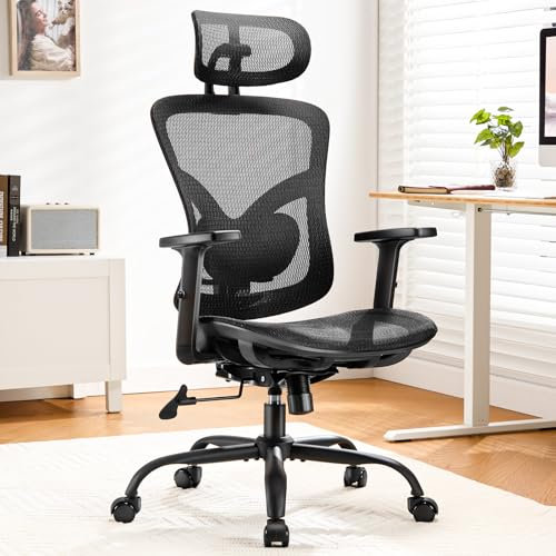 Bürostuhl Ergonomisch: Hochlehner-Mesh-Stuhl mit verstellbarer Lendenstütze, 2D-Kopfstütze, oberen & unteren Armlehnen, 90-120° Neigung, breitem Sitzkissen, ideal für Gaming & Home-Office, Schwarz.