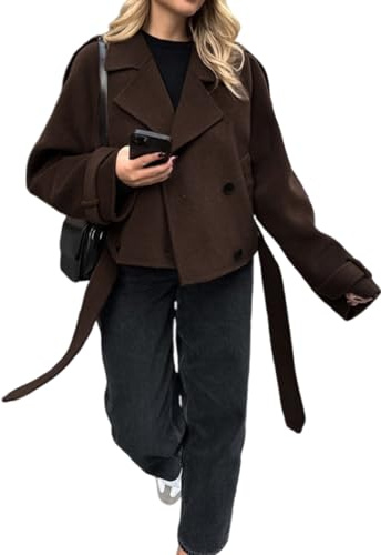 utcoco Womens Cropped Wool Coats Belted Double Breasted Pea Coat Short Jacket Notched Lapel Trench Coat with Pockets (X-Large, Coffee)