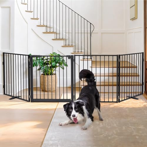 Snagle Paw Extra Wide Dog Gate,Free Standing Dog Fence with Door, Up to 104 Inch Wide Pet Gate with Support Feet for Stairs, Hallways, Doorways, Yard (Black, 4 Panels)