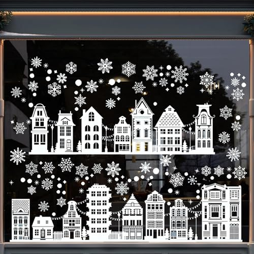 9 ark jul fönsterklistermärken, fönsterdekoration jul självhäftande, fönsterbilder vinter hus snöflingor, PVC fönsterklistermärken jul för vinter fönster dekoration