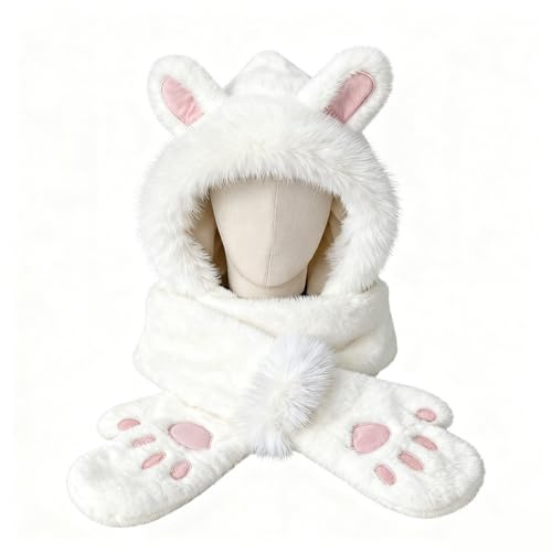 Adult 3-in-1 Hats with Scarf and Gloves Cute Winter Bunny Hat, Faux Fur Head Trapper Hooded Neck Warmer Windproof Earmuffs Snood Gloves Mittens Earflap Hat Long Scarf Warm, Thick Winter Scarf