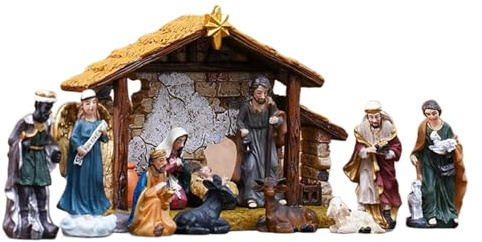 Nativity Scene Set | Religiös Jesus födelse skulpturer harts | 12-delad handmålad harts julkrubba set | inomhus skrivbord heminredning med | julkrubba samlarfigur | 5 cm klass