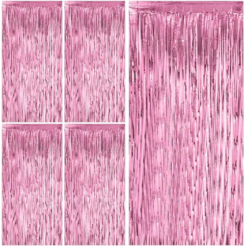 Gigmeta 5 Pezzi Tende Metalliche Rosa, 1m x 2m Orpelli e Festoni Lamina Frangia per Sfondo Fotografico e Decorazioni Festa Compleanno